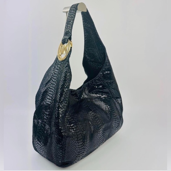 Michael Kors Shiny Black Reptile Hobo Bag with Gold Detail - Picture 1 of 13